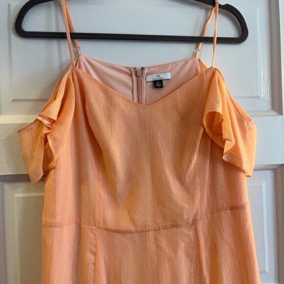 Halston peach gold metallic cold shoulder midi Georgette formal dress 12 - Picture 3 of 14